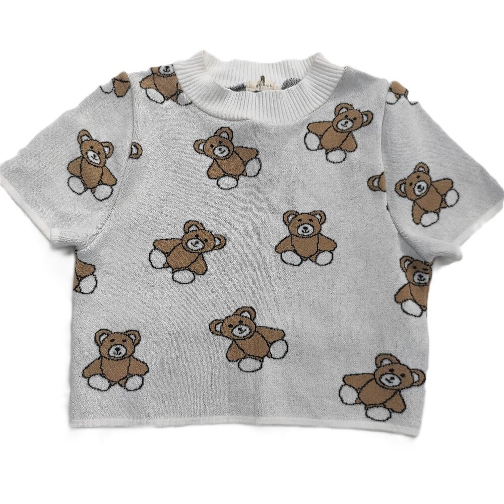 Debut Cropped Short Sleeve Off-White Sweater Brown Teddy Bears Size Small/Medium